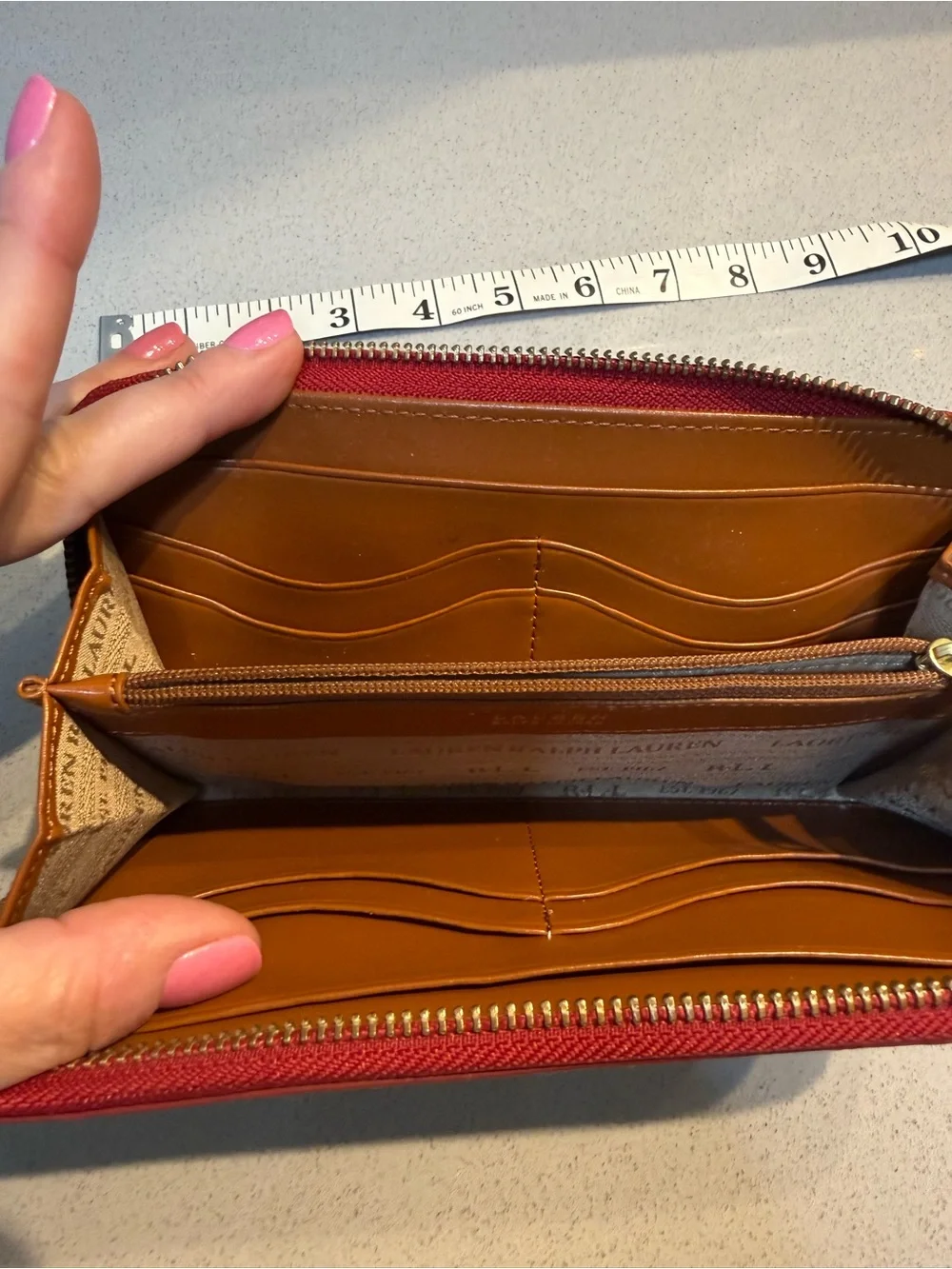 Lauren Ralph Lauren Red Leather Zip Wallet with Gold Hardware